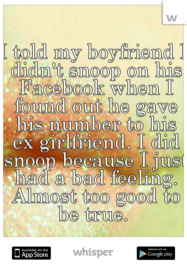 I told my boyfriend I didn't snoop on his Facebook when I found out he gave his number to his ex girlfriend. I did snoop because I just had a bad feeling. Almost too good to be true. 