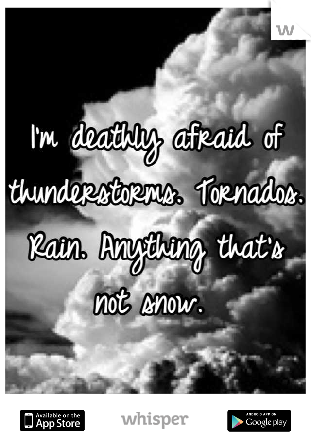 I'm deathly afraid of thunderstorms. Tornados. Rain. Anything that's not snow. 