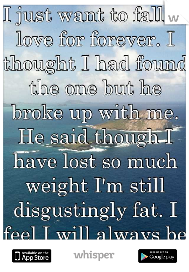 I just want to fall in love for forever. I thought I had found the one but he broke up with me. He said though I have lost so much weight I'm still disgustingly fat. I feel I will always be alone. 
