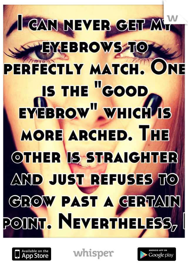 I can never get my eyebrows to perfectly match. One is the "good eyebrow" which is more arched. The other is straighter and just refuses to grow past a certain point. Nevertheless, I still love them. 