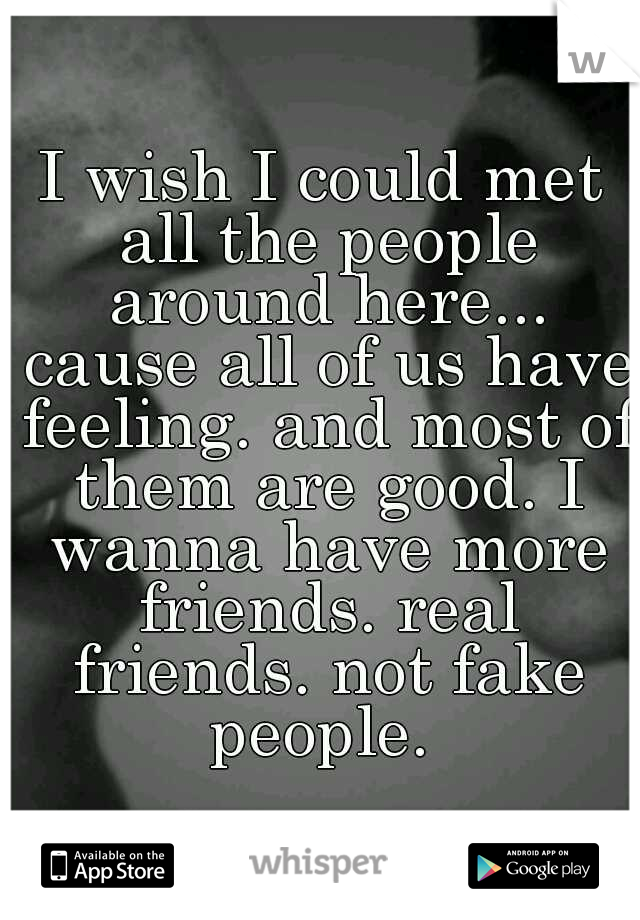 I wish I could met all the people around here... cause all of us have feeling. and most of them are good. I wanna have more friends. real friends. not fake people. 
