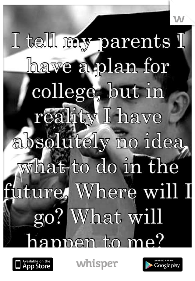 I tell my parents I have a plan for college, but in reality I have absolutely no idea what to do in the future. Where will I go? What will happen to me? 
