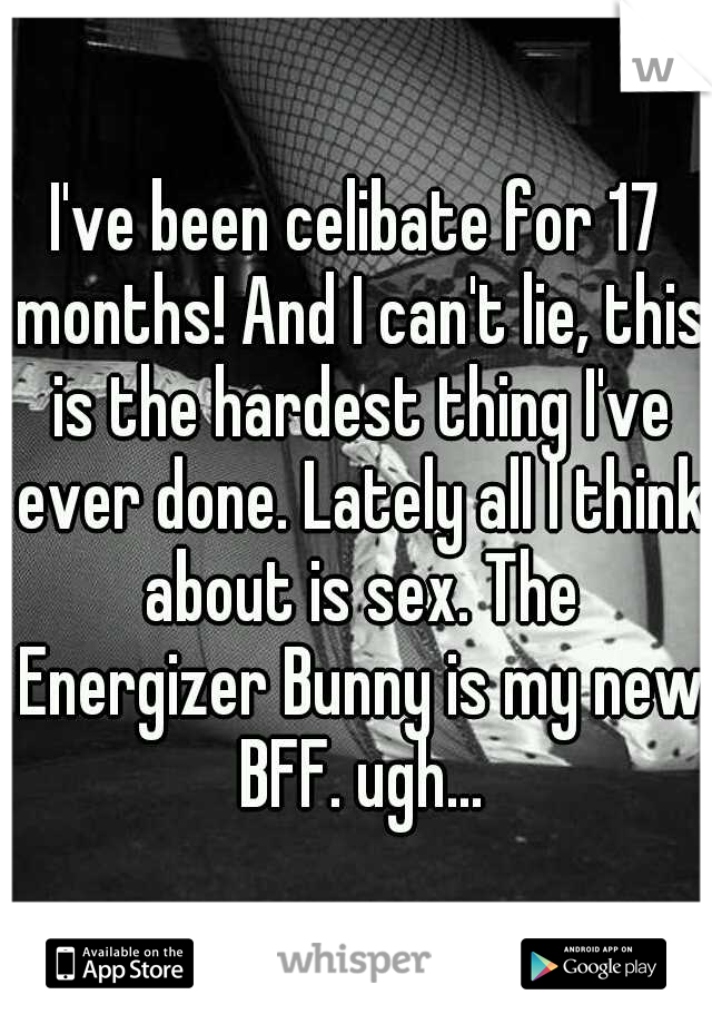 I've been celibate for 17 months! And I can't lie, this is the hardest thing I've ever done. Lately all I think about is sex. The Energizer Bunny is my new BFF. ugh...