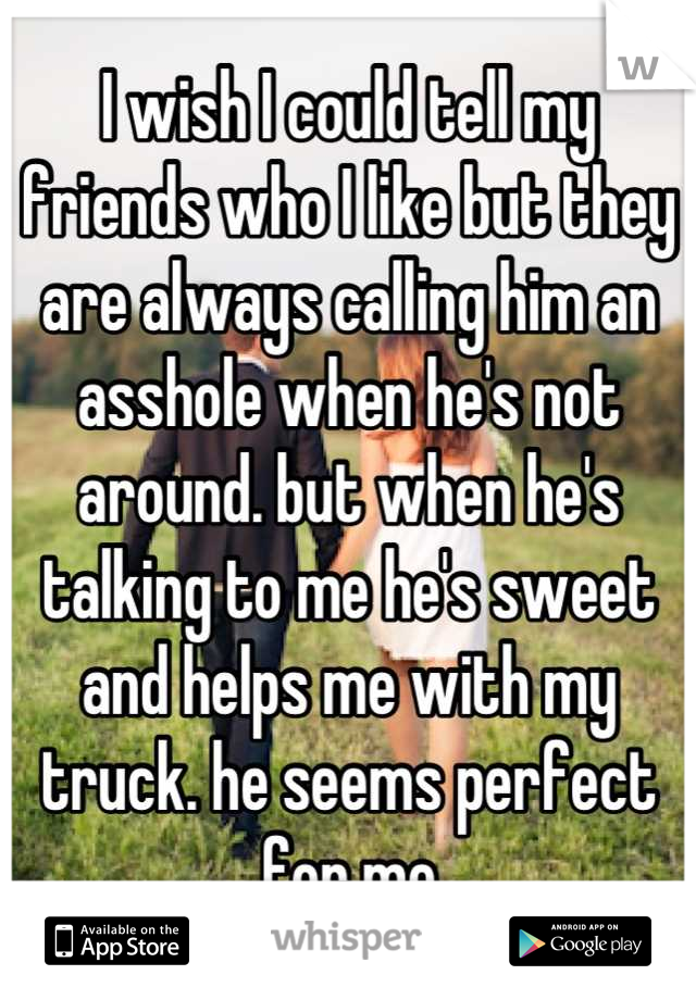 I wish I could tell my friends who I like but they are always calling him an asshole when he's not around. but when he's talking to me he's sweet and helps me with my truck. he seems perfect for me