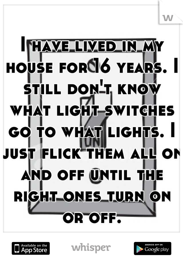 I have lived in my house for 16 years. I still don't know what light switches go to what lights. I just flick them all on and off until the right ones turn on or off.