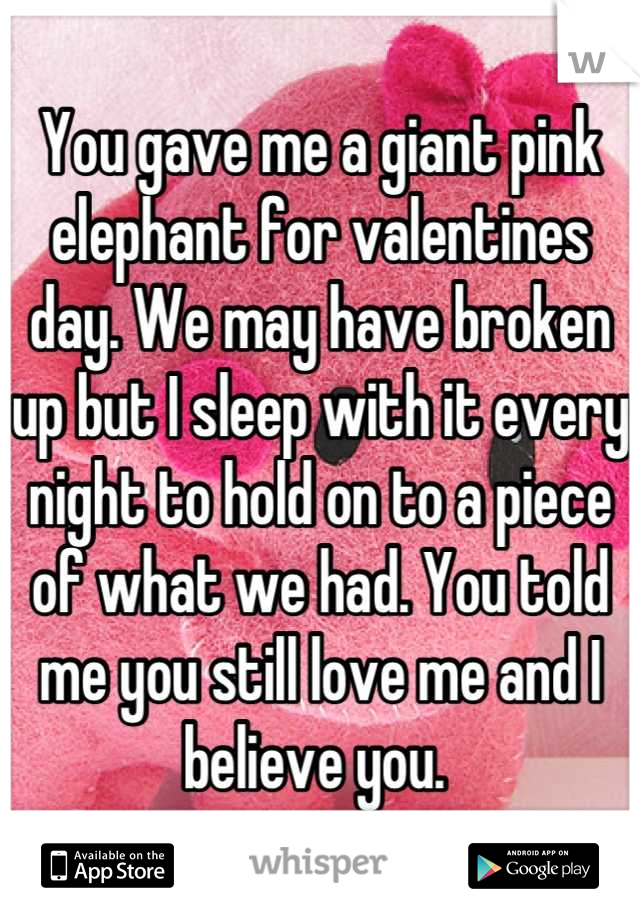 You gave me a giant pink elephant for valentines day. We may have broken up but I sleep with it every night to hold on to a piece of what we had. You told me you still love me and I believe you. 
