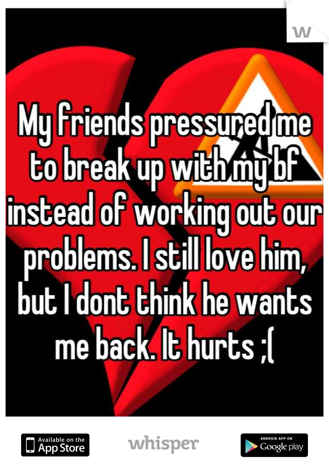 My friends pressured me to break up with my bf instead of working out our problems. I still love him, but I dont think he wants me back. It hurts ;(
