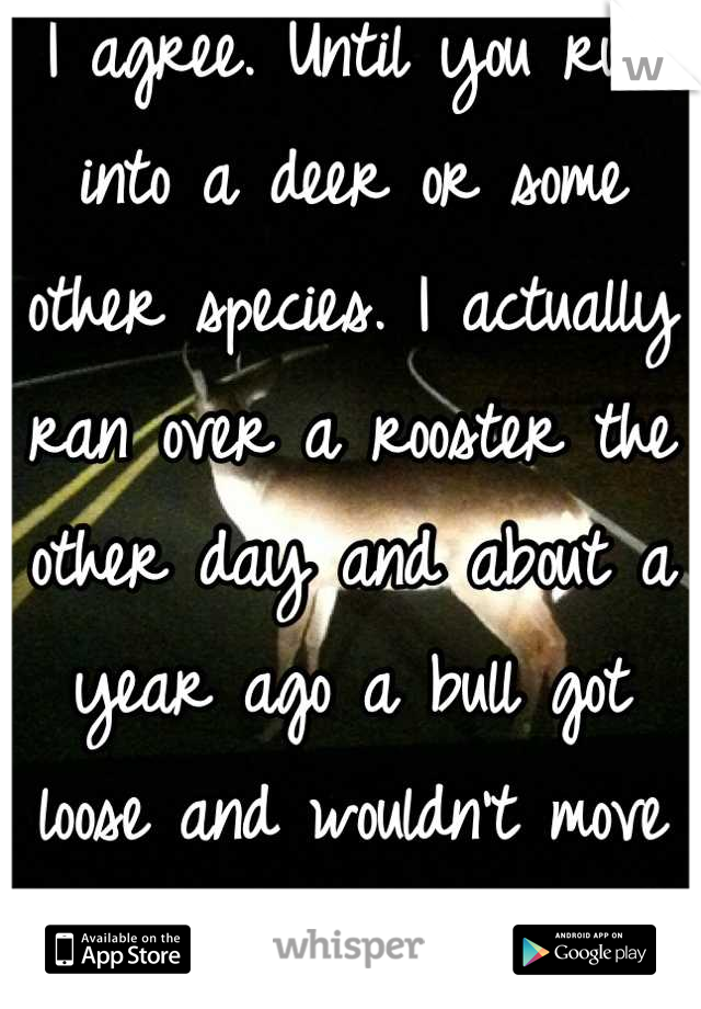 I agree. Until you run into a deer or some other species. I actually ran over a rooster the other day and about a year ago a bull got loose and wouldn't move from he road.