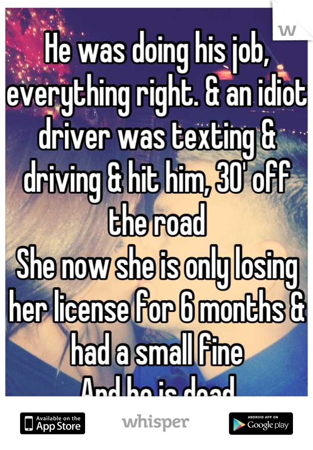 He was doing his job, everything right. & an idiot driver was texting & driving & hit him, 30' off the road
She now she is only losing her license for 6 months & had a small fine
And he is dead