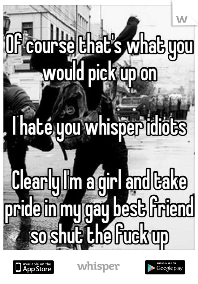 Of course that's what you would pick up on

I hate you whisper idiots

Clearly I'm a girl and take pride in my gay best friend so shut the fuck up