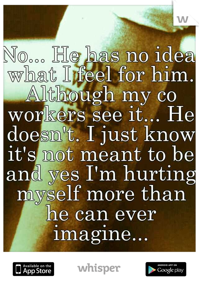 No... He has no idea what I feel for him. Although my co workers see it... He doesn't. I just know it's not meant to be and yes I'm hurting myself more than he can ever imagine...