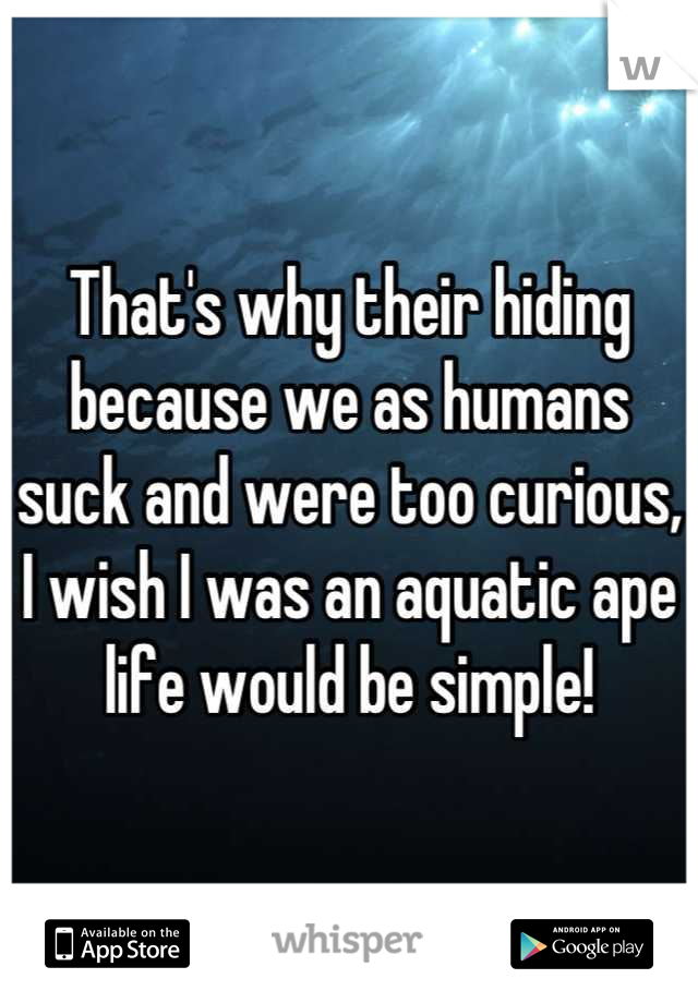 That's why their hiding because we as humans suck and were too curious, I wish I was an aquatic ape life would be simple!