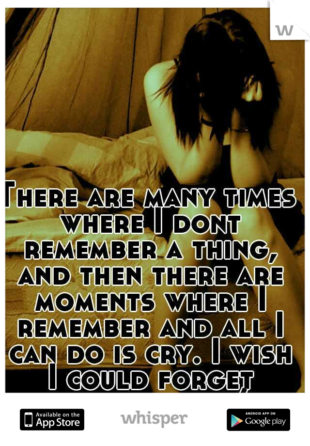 There are many times where I dont remember a thing, and then there are moments where I remember and all I can do is cry. I wish I could forget completely. :/ 