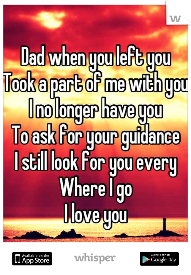 Dad when you left you
Took a part of me with you
I no longer have you
To ask for your guidance
I still look for you every
Where I go
I love you