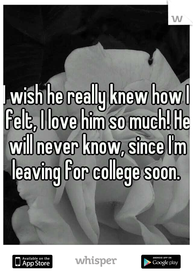 I wish he really knew how I felt, I love him so much! He will never know, since I'm leaving for college soon. 