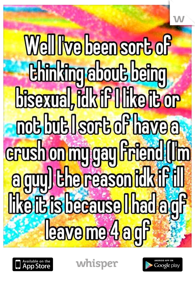 Well I've been sort of thinking about being bisexual, idk if I like it or not but I sort of have a crush on my gay friend (I'm a guy) the reason idk if ill like it is because I had a gf leave me 4 a gf