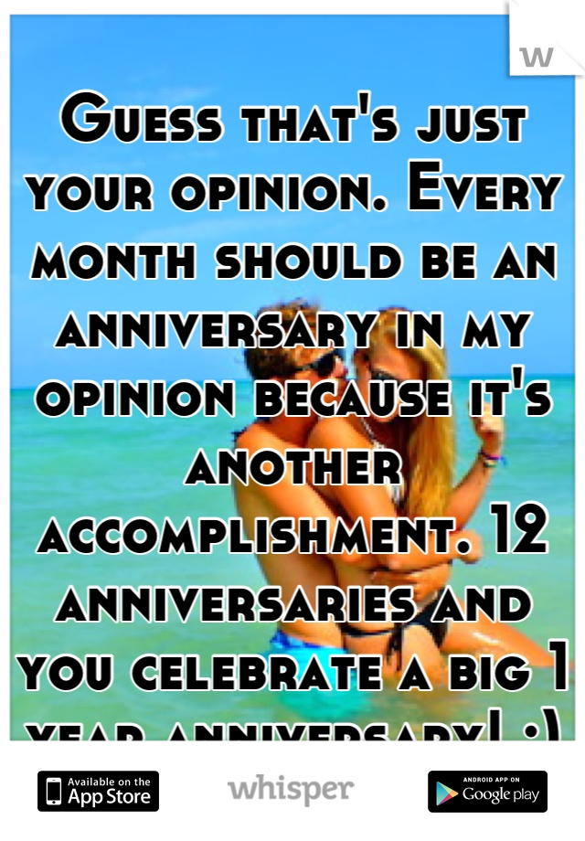 Guess that's just your opinion. Every month should be an anniversary in my opinion because it's another accomplishment. 12 anniversaries and you celebrate a big 1 year anniversary! :)