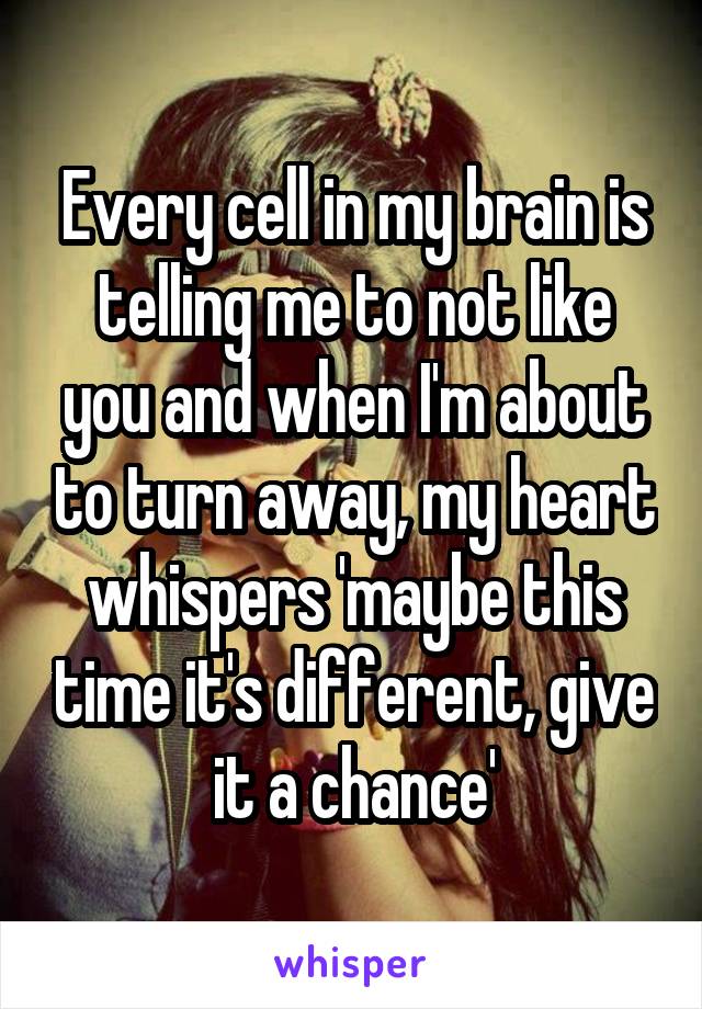 Every cell in my brain is telling me to not like you and when I'm about to turn away, my heart whispers 'maybe this time it's different, give it a chance'