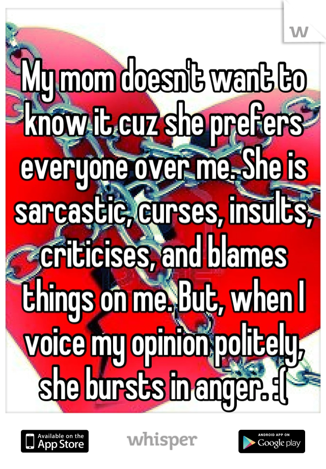 My mom doesn't want to know it cuz she prefers everyone over me. She is sarcastic, curses, insults, criticises, and blames things on me. But, when I voice my opinion politely, she bursts in anger. :(