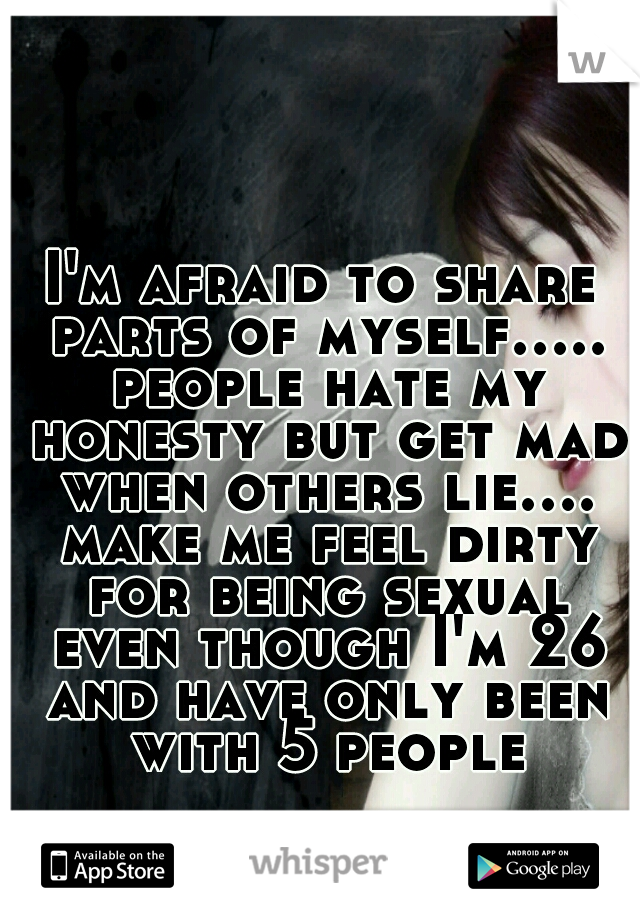 I'm afraid to share parts of myself..... people hate my honesty but get mad when others lie.... make me feel dirty for being sexual even though I'm 26 and have only been with 5 people