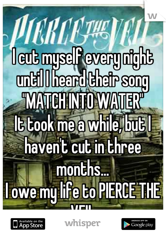 I cut myself every night until I heard their song "MATCH INTO WATER"
It took me a while, but I haven't cut in three months...
I owe my life to PIERCE THE VEIL