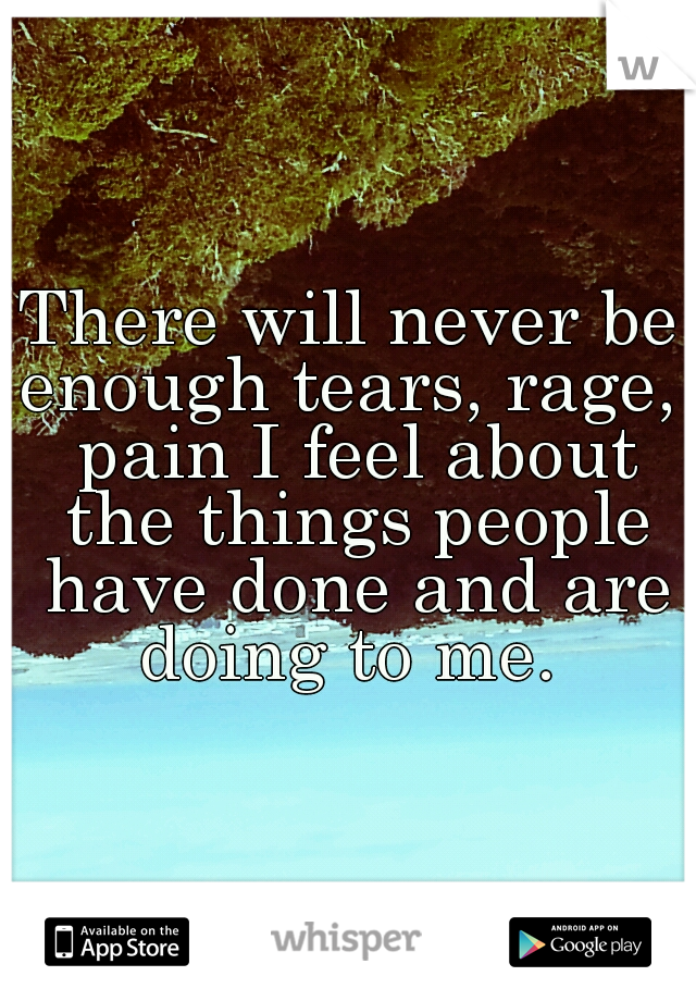 There will never be enough tears, rage,  pain I feel about the things people have done and are doing to me. 