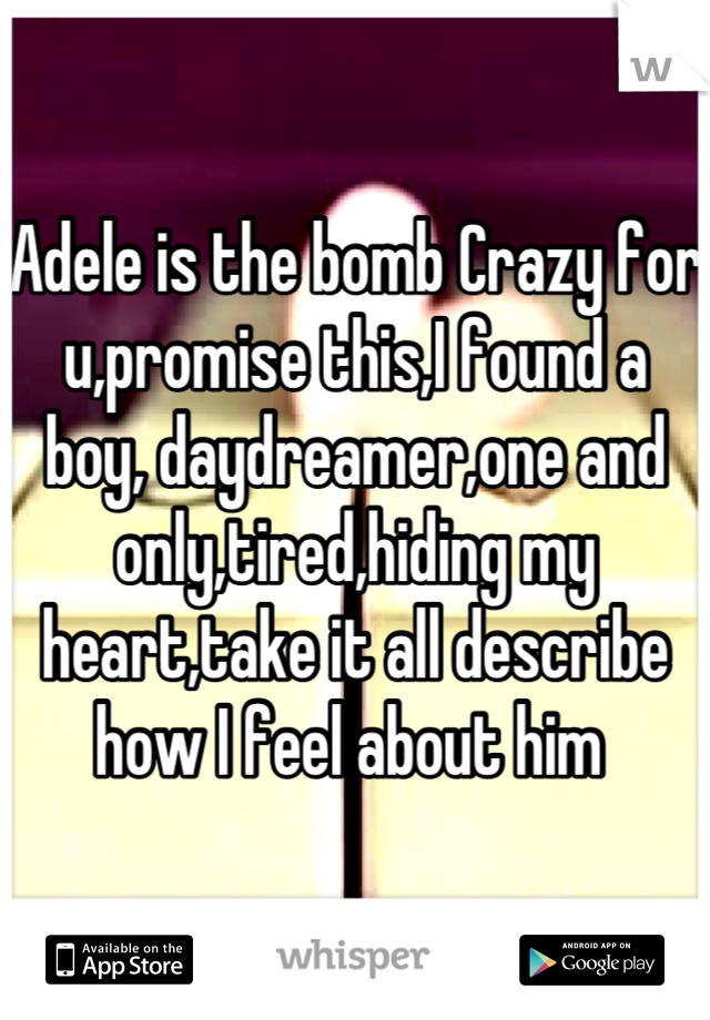Adele is the bomb Crazy for u,promise this,I found a boy, daydreamer,one and only,tired,hiding my heart,take it all describe how I feel about him 