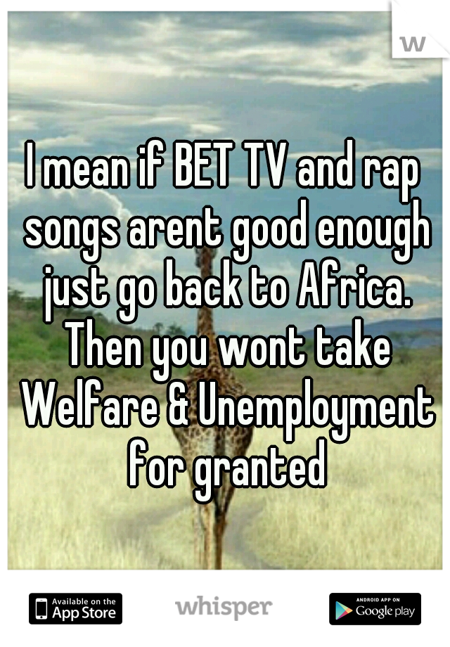 I mean if BET TV and rap songs arent good enough just go back to Africa. Then you wont take Welfare & Unemployment for granted