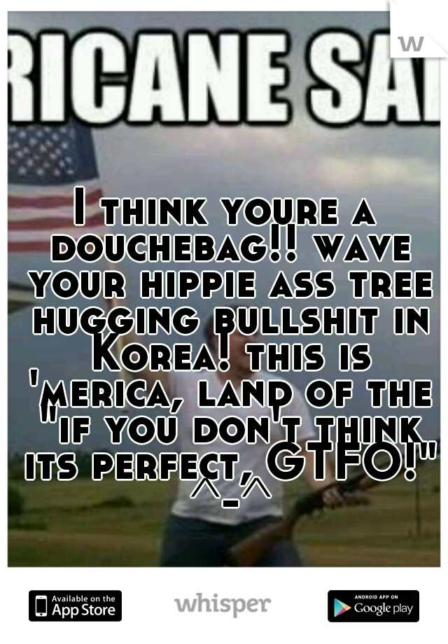 I think youre a douchebag!! wave your hippie ass tree hugging bullshit in Korea! this is 'merica, land of the "if you don't think its perfect, GTFO!" ^-^