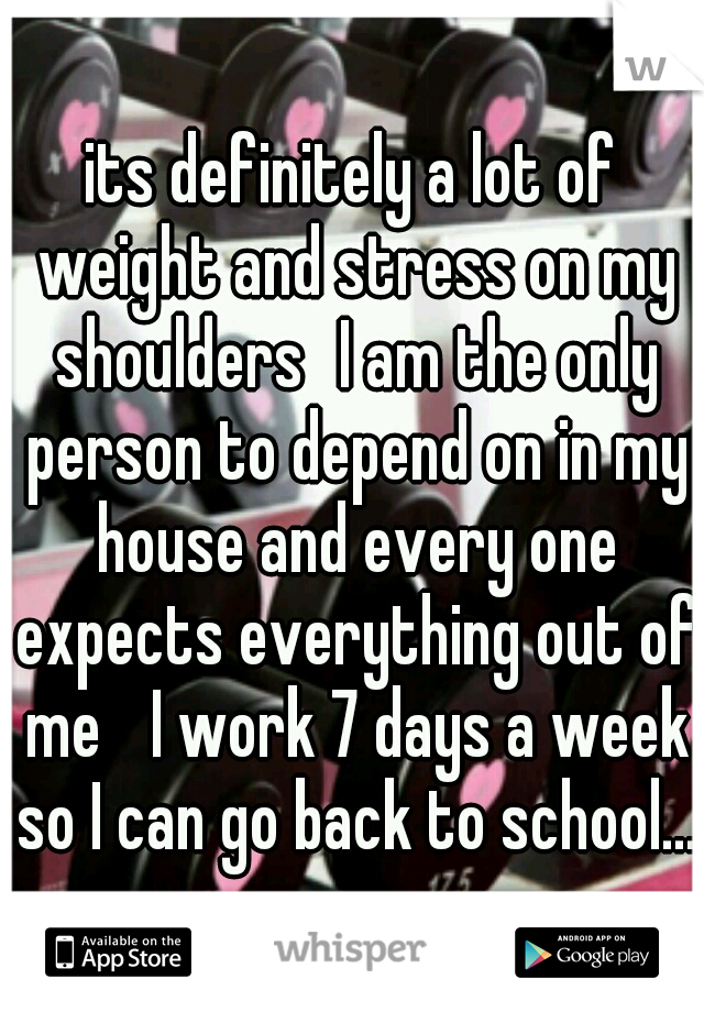 its definitely a lot of weight and stress on my shoulders
I am the only person to depend on in my house and every one expects everything out of me 
I work 7 days a week so I can go back to school...