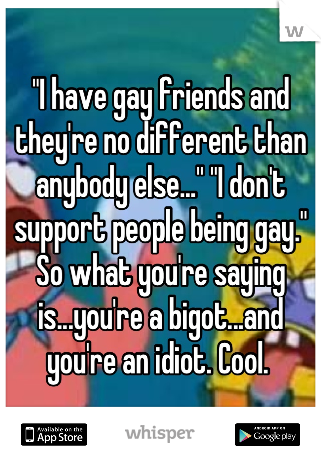 "I have gay friends and they're no different than anybody else..." "I don't support people being gay." So what you're saying is...you're a bigot...and you're an idiot. Cool. 