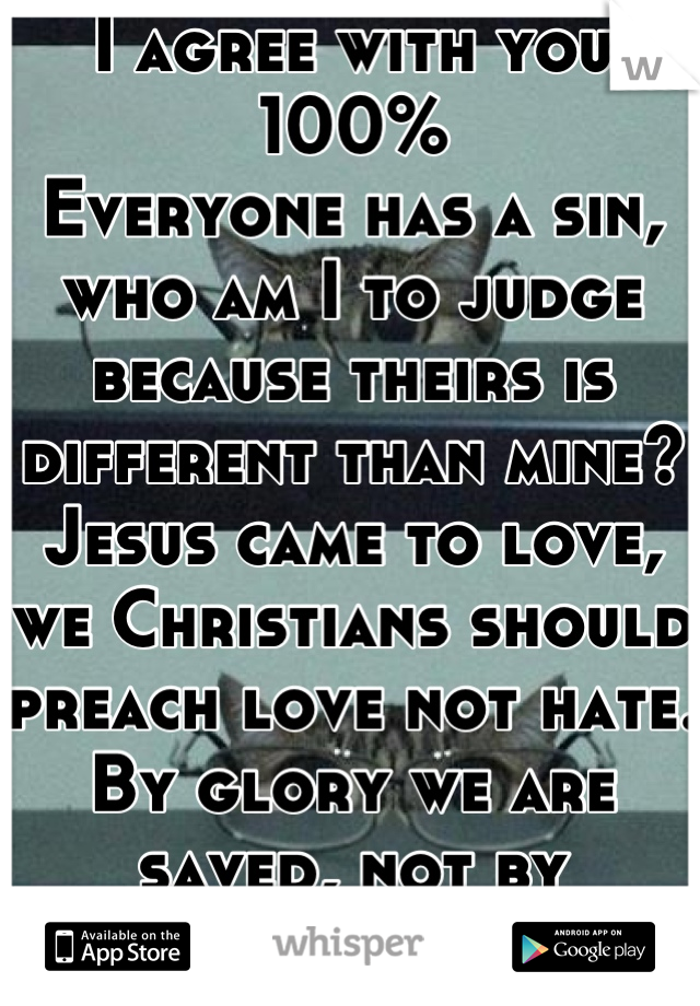 I agree with you 100%
Everyone has a sin, who am I to judge because theirs is different than mine? Jesus came to love, we Christians should preach love not hate. By glory we are saved, not by religion.