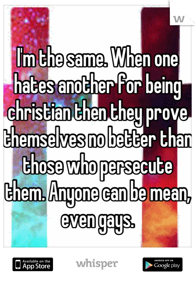 I'm the same. When one hates another for being christian then they prove themselves no better than those who persecute them. Anyone can be mean, even gays.