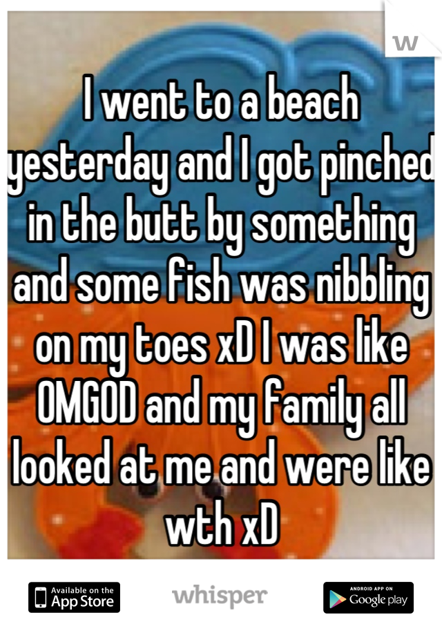 I went to a beach yesterday and I got pinched in the butt by something and some fish was nibbling on my toes xD I was like OMGOD and my family all looked at me and were like wth xD
