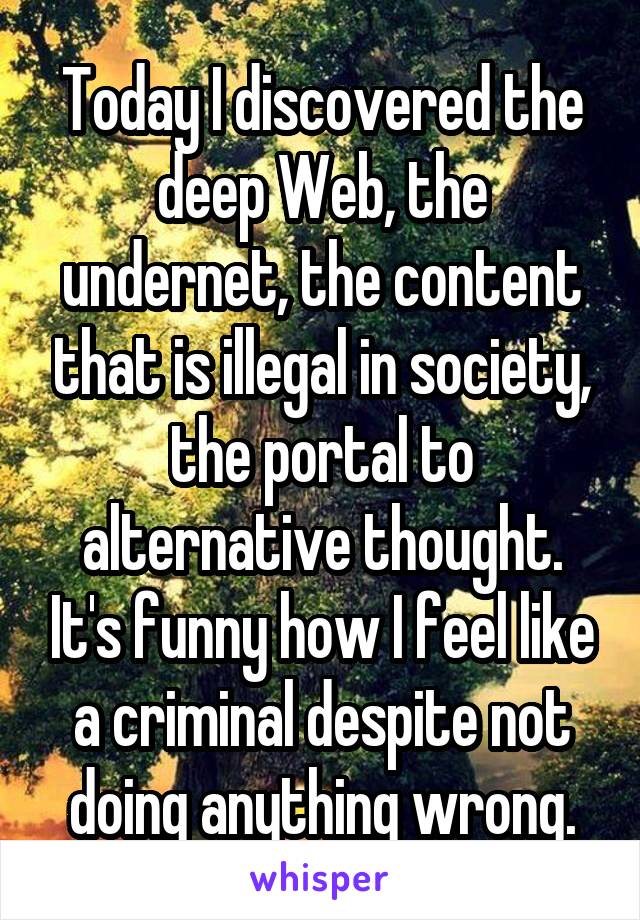 Today I discovered the deep Web, the undernet, the content that is illegal in society, the portal to alternative thought. It's funny how I feel like a criminal despite not doing anything wrong.