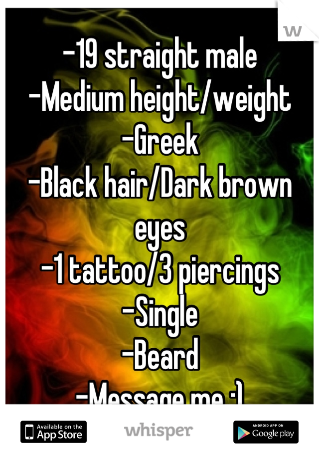 -19 straight male
-Medium height/weight
-Greek
-Black hair/Dark brown eyes
-1 tattoo/3 piercings
-Single
-Beard
-Message me :)