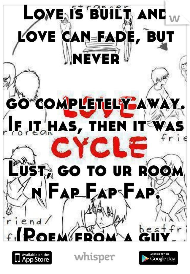 Love is built and love can fade, but never 

go completely away. If it has, then it was 

Lust, go to ur room n Fap Fap Fap. 

(Poem from a guy, TO ALL GUYS)
