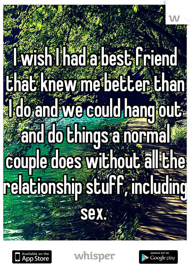 I wish I had a best friend that knew me better than I do and we could hang out and do things a normal couple does without all the relationship stuff, including sex. 