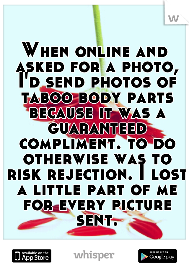 When online and asked for a photo, I'd send photos of taboo body parts because it was a guaranteed compliment. to do otherwise was to risk rejection. I lost a little part of me for every picture sent.