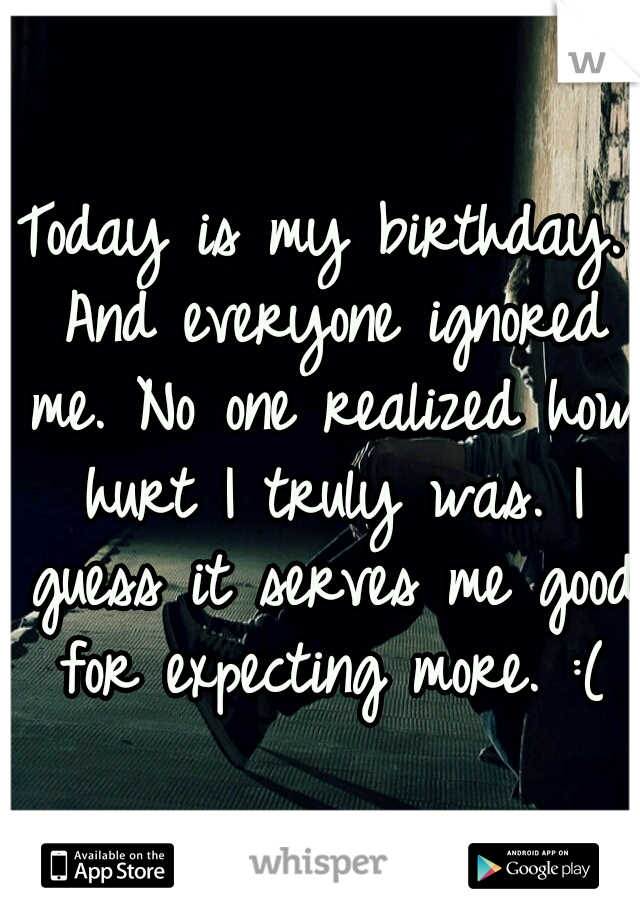 Today is my birthday. And everyone ignored me. No one realized how hurt I truly was. I guess it serves me good for expecting more. :(