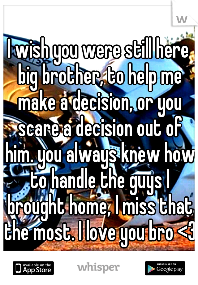 I wish you were still here big brother, to help me make a decision, or you scare a decision out of him. you always knew how to handle the guys I brought home, I miss that the most. I love you bro <3