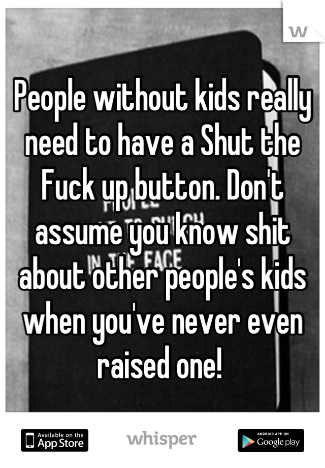 People without kids really need to have a Shut the Fuck up button. Don't assume you know shit about other people's kids when you've never even raised one! 