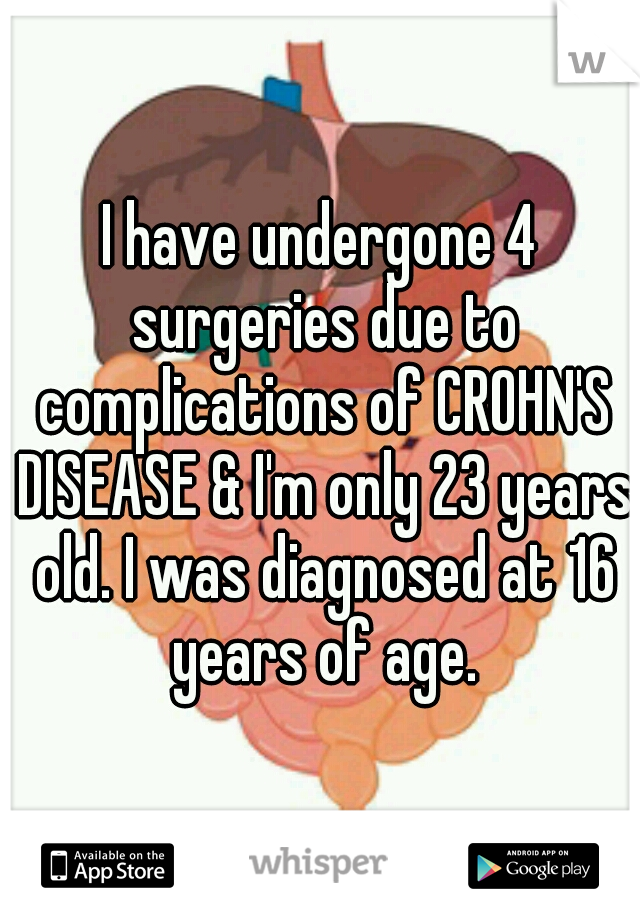 I have undergone 4 surgeries due to complications of CROHN'S DISEASE & I'm only 23 years old. I was diagnosed at 16 years of age.