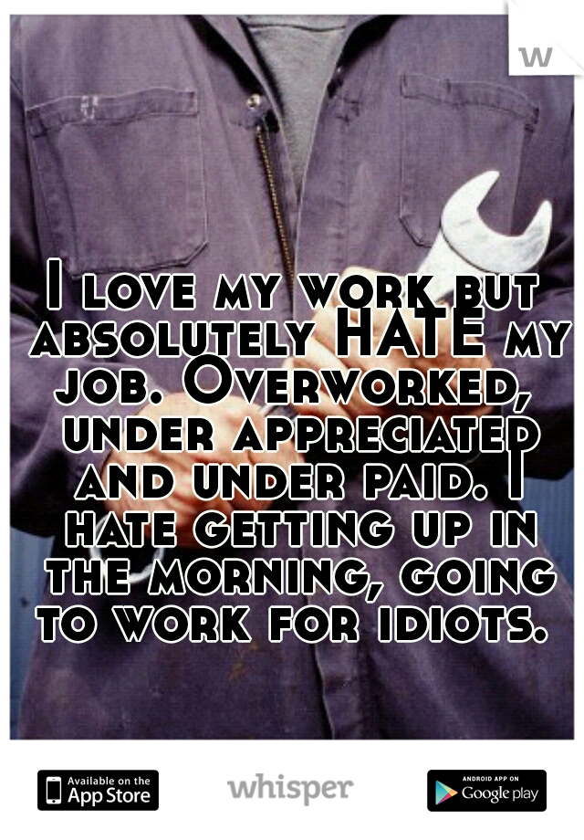I love my work but absolutely HATE my job. Overworked,  under appreciated and under paid. I hate getting up in the morning, going to work for idiots. 