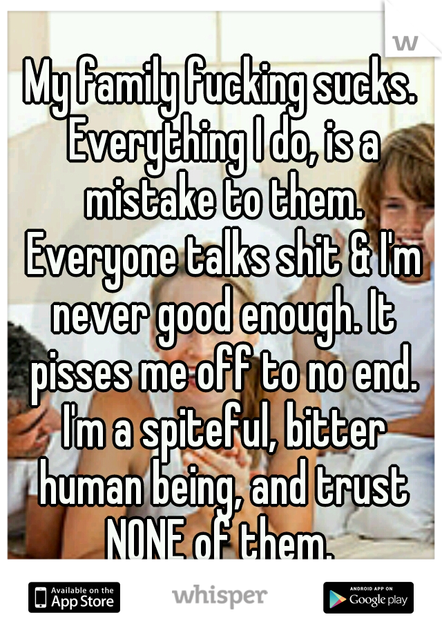 My family fucking sucks. Everything I do, is a mistake to them. Everyone talks shit & I'm never good enough. It pisses me off to no end. I'm a spiteful, bitter human being, and trust NONE of them. 
