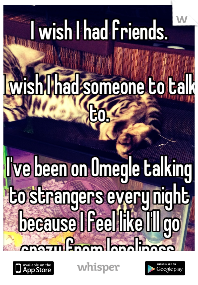 I wish I had friends.

I wish I had someone to talk to.

I've been on Omegle talking to strangers every night because I feel like I'll go crazy from loneliness.
