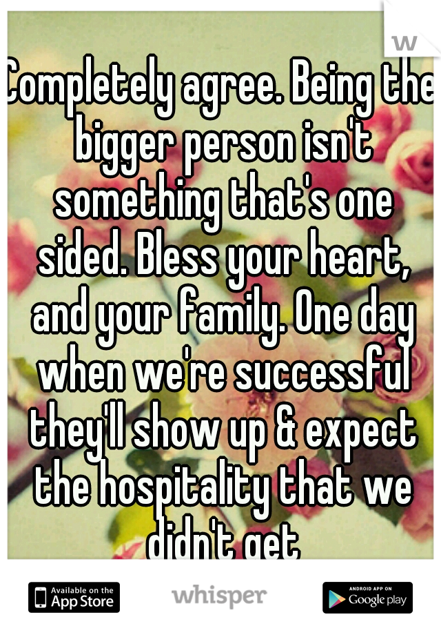 Completely agree. Being the bigger person isn't something that's one sided. Bless your heart, and your family. One day when we're successful they'll show up & expect the hospitality that we didn't get