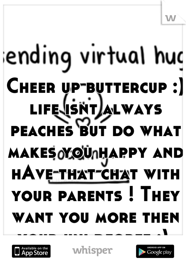Cheer up buttercup :) life isnt always peaches but do what makes you happy and hAve that chat with your parents ! They want you more then your uni degree :) 