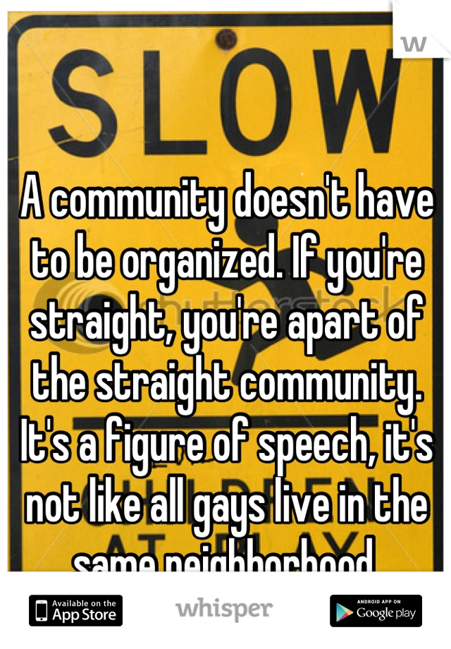A community doesn't have to be organized. If you're straight, you're apart of the straight community. It's a figure of speech, it's not like all gays live in the same neighborhood.