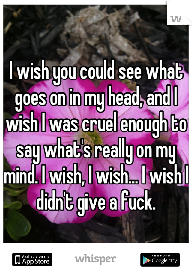 I wish you could see what goes on in my head, and I wish I was cruel enough to say what's really on my mind. I wish, I wish... I wish I didn't give a fuck.